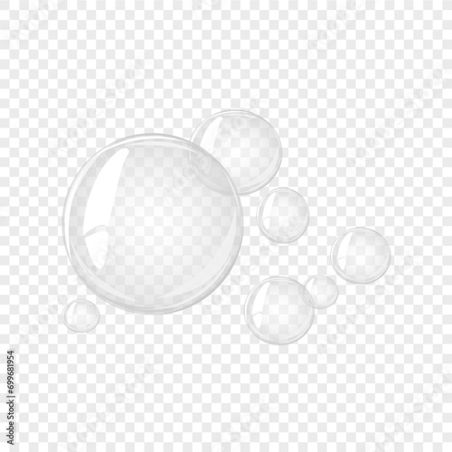 Transparent water bubble. Soap bubble, crystal glass ball. Beauty product, moisture, skincare transparent bubbles top view, scatter splashes