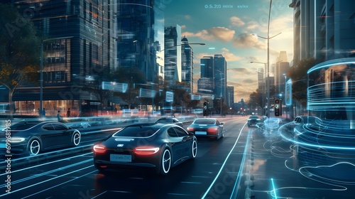 Visualization of the interaction of self-driving autonomous vehicles. Robotic cars are controlled by AI, driving along a busy city avenue, scanning the road with sensors, exchanging information.