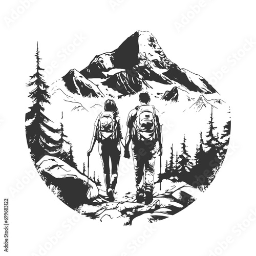 Trekking Couple Illustration Clip Art Design Shape. Mountains Silhouette Icon Vector.