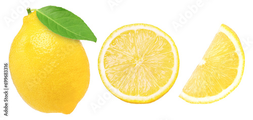 lemon fruit with leaves, slice and half isolated, Fresh and Juicy Lemon, transparent PNG, cut out, PNG format