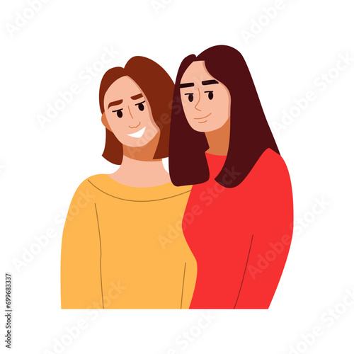 Female Friendship. Two Happy Cartoon Women Hugging. Smiling Friends or Sisters Vector Illustration.