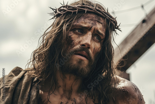 Jesus Christ wearing Crown of Thorns. Crucifixion of Christ the son of God. Generative Ai