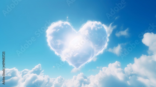 Whimsical cloud in the shape of heart in a clear blue sky, as symbol of hope, love, and dreams. The heart cloud is backlit by the sun with halo effect and suggesting a magical, idyllic or divine love