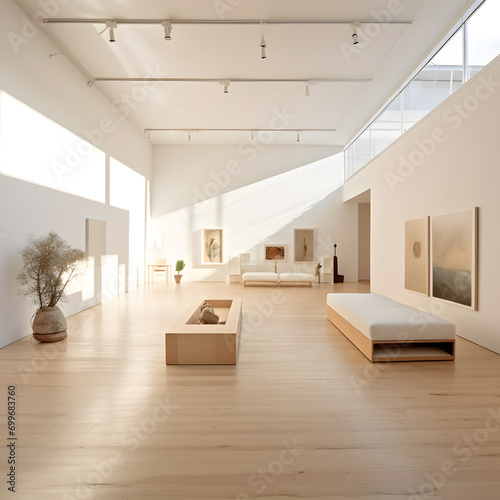 A large, well-lit space, with white walls, light wooden floors and modern furniture with clean lines.