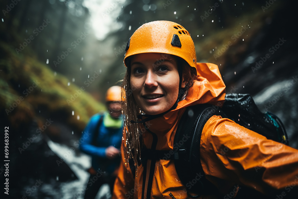 A woman and her friend are doing canyoning, canyoning sports, in a canyon in the forest. A woman and her friend are doing canyoning, canyoning sports, in a canyon in the forest.
