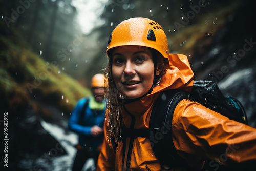 A woman and her friend are doing canyoning, canyoning sports, in a canyon in the forest. photo