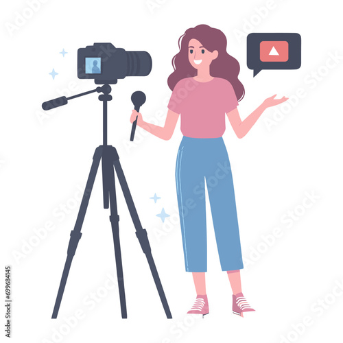 Female vlogger flat design vector illustration.