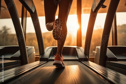 Close up of female athlete feet on treadmill in gym photo