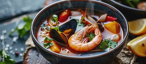 Soup with seafood ingredients