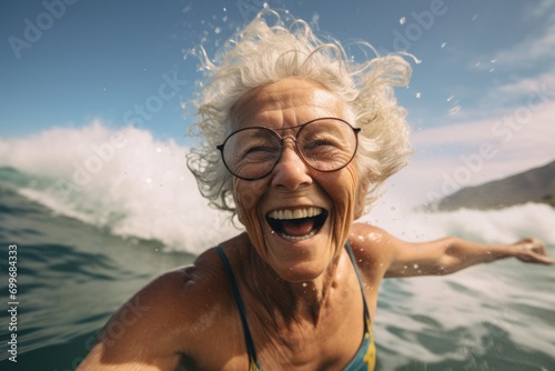 Portrait of a happy senior woman swimming in mountain lake
