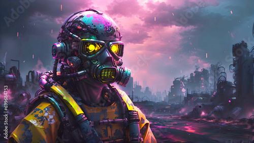 futuristic background with a man wearing mask in cyber punk style