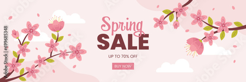 Spring Sale Sakura Cherry Blossoms Background. Banner template for social media posts, mobile apps, banners design and web or internet ads.