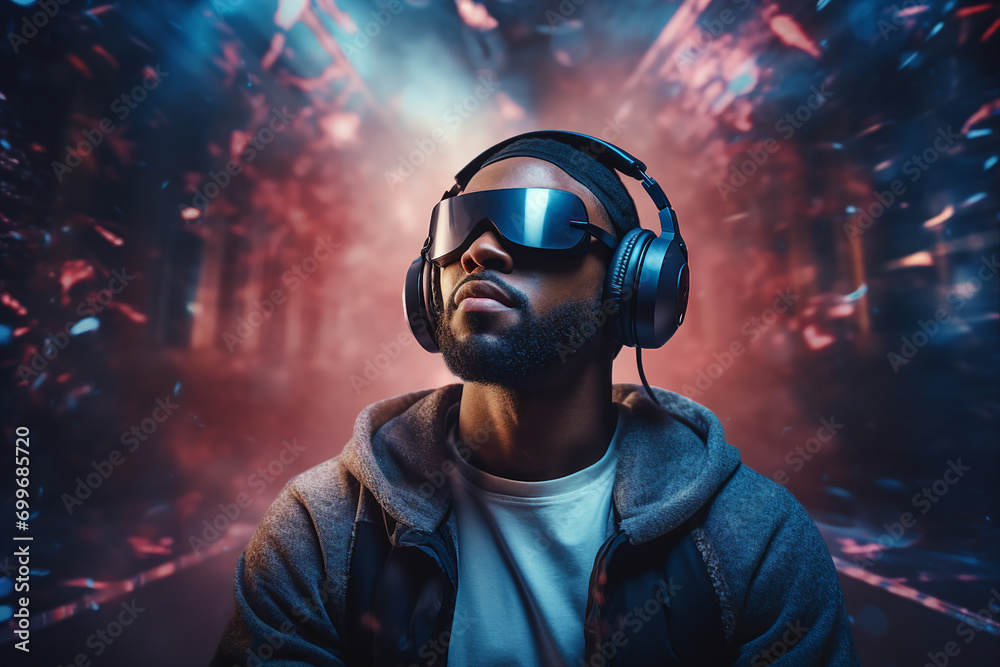 Generative AI photography image of man with headphones listening music fantasy energy vibe Generative AI photography image of man with headphones listening music fantasy energy vibe