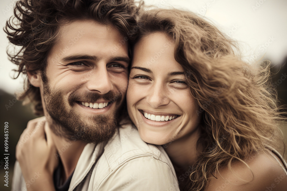 Generative AI picture of perfect romantic couple hugging and kissing on vacation Generative AI picture of perfect romantic couple hugging and kissing on vacation