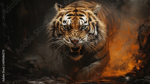 Acrylic painting of tiger walking in deep African,
