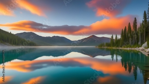 A serene sunrise over a tranquil mountain lake, with reflections of the surrounding trees and colorful sky. 