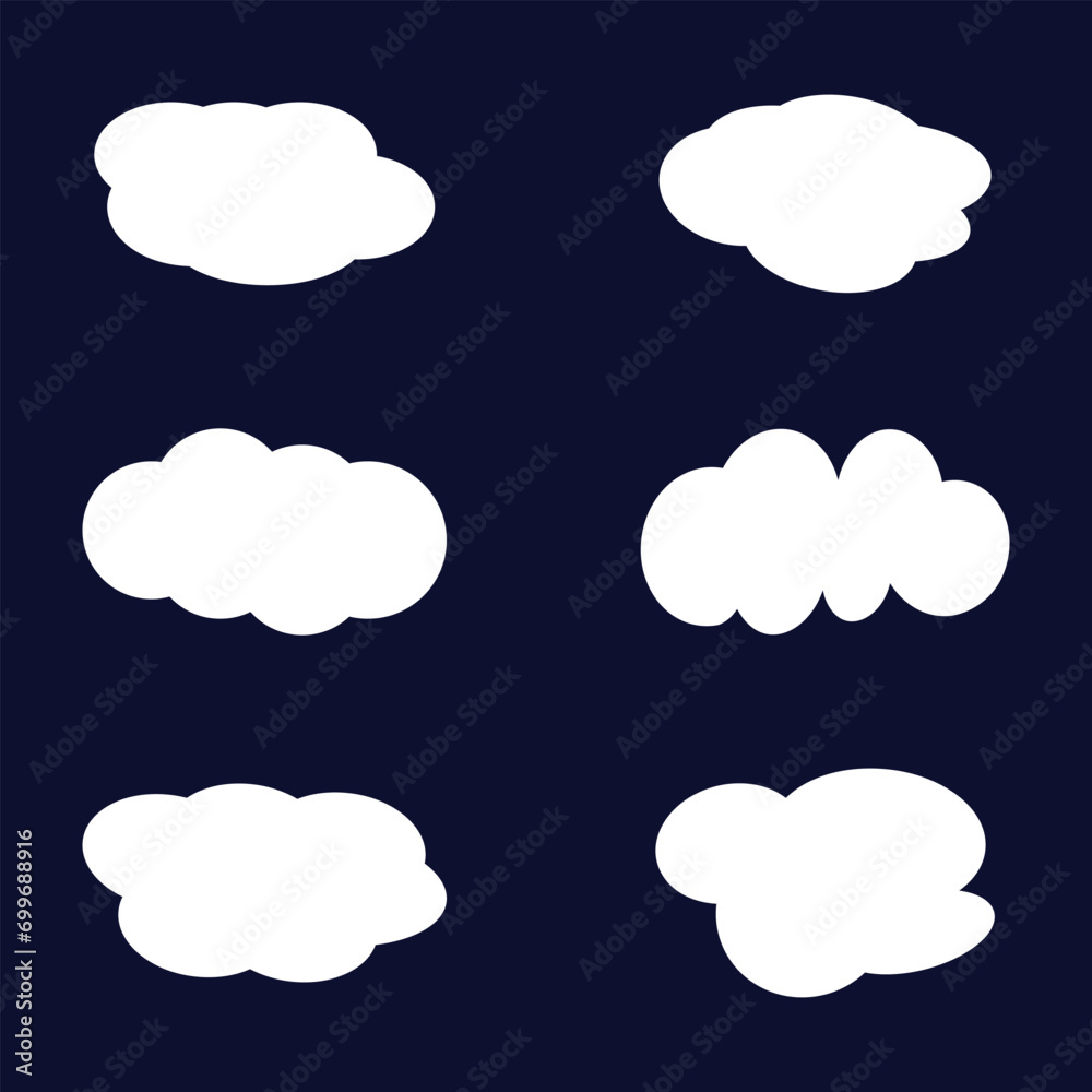  6 set of silhouette cartoon cloud in a flat design. Trendy think bubble cloud design.