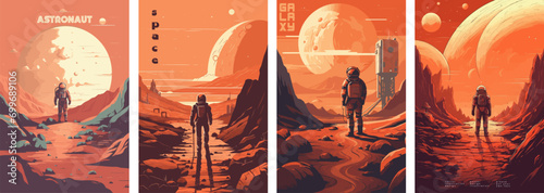 Retro science fiction, a space exploration scene on Mars and astronaut illustration poster set.