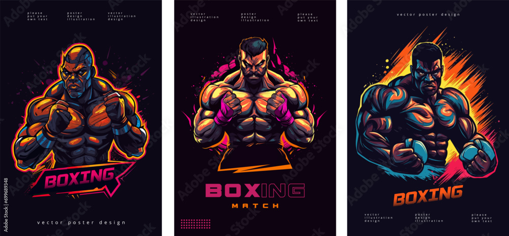 Boxing fight event poster. Boxing tournament, colorful box fighter illustration. Fighting competition flyer vector design illustration.