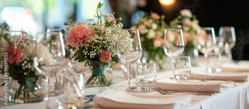 Table decoration for a wedding with flowers. Includes banquet table set-up and cutlery.