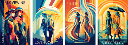 Happy pride month rainbow colors. Vector illustrations of lgbtq, pride, gay and lesbian couple for a greeting card, poster