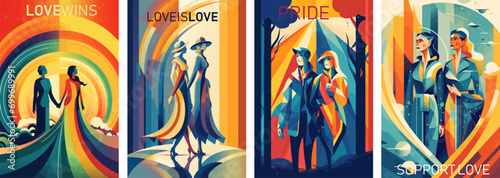 Happy pride month rainbow colors. Vector illustrations of lgbtq, pride, gay and lesbian couple for a greeting card, poster