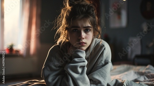 Unhappy depressed teenage girl wearing sweatshirt sitting on bed alone, feeling lonely and misunderstood, stressed sad teenager thinking about troubles photo
