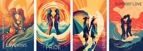 Happy pride month rainbow colors. Vector illustrations of lgbtq, pride, gay and lesbian couple for a greeting card, poster