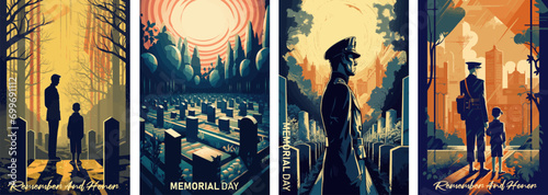 Memorial Day Vector illustration. USA flag, soldier in cemetery and a child on memorial day.Retro greeting card and poster design