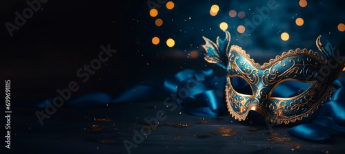 Mardi Gras carnival mask with shiny gold glitter in the background, horizontal banner copy space for text © XC Stock