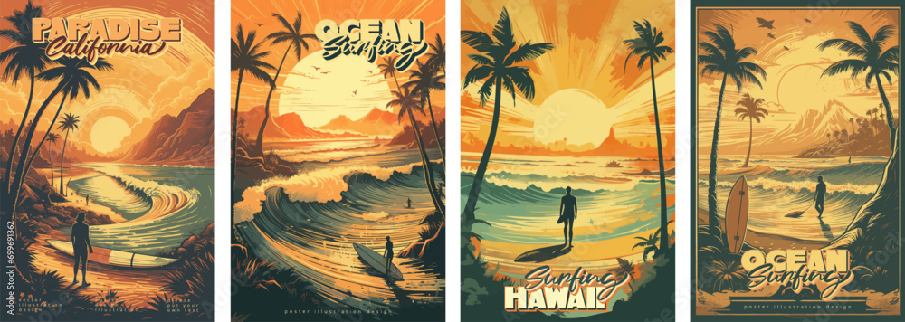 Sunset vintage retro style beach surf poster vector illustration - obrazy, fototapety, plakaty 