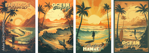Sunset vintage retro style beach surf poster vector illustration photo