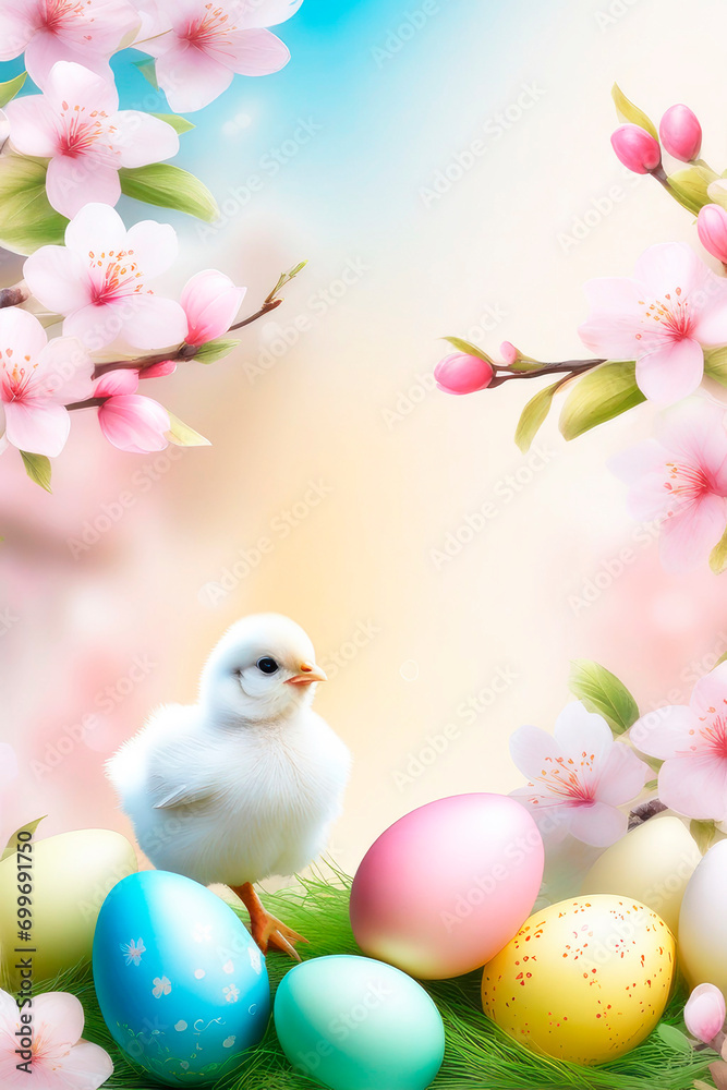 Easter holiday concept, composition with a small yellow chick and eggs on a cherry blossoms background. Easter holiday concept, composition with a small yellow chick and eggs on a cherry blossoms background.