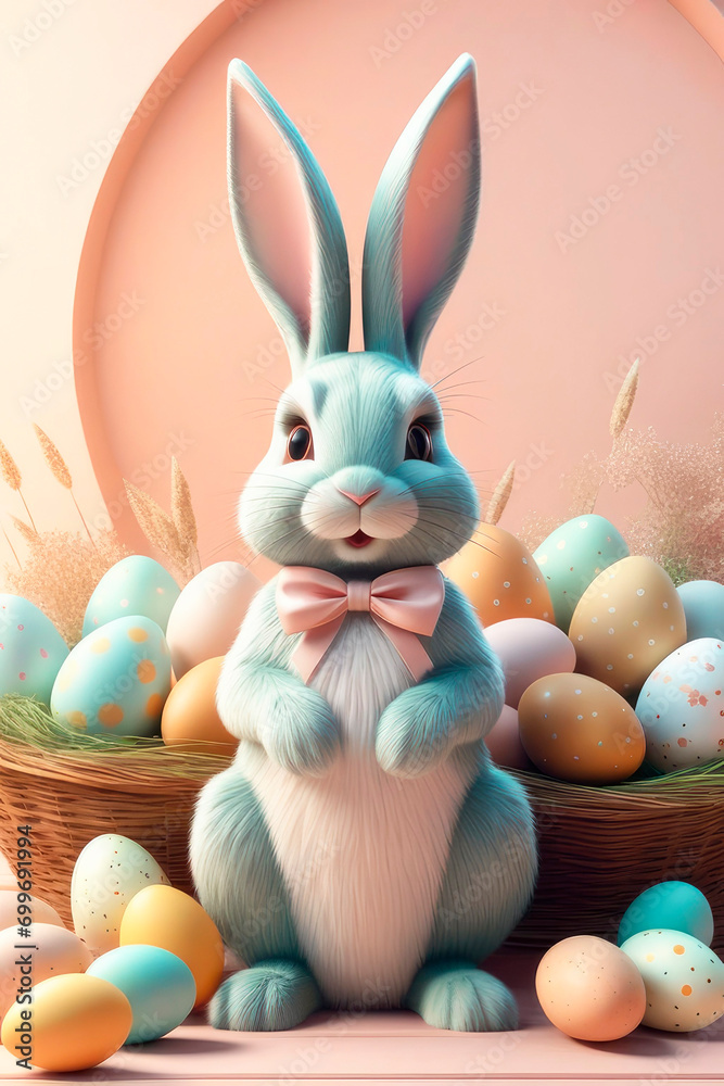 Cute little easter bunny with colored eggs.