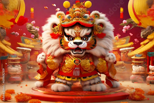 illustration of a Chinese lion dance with a Chinese angpao background for Chinese New Year celebrations. Generative ai photo