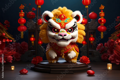illustration of a Chinese lion dance with a Chinese angpao background for Chinese New Year celebrations. Generative ai