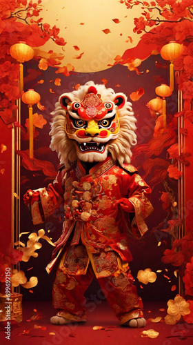 illustration of a Chinese lion dance with a Chinese angpao background for Chinese New Year celebrations. Generative ai