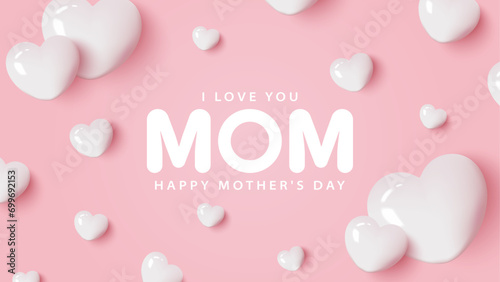 Minimalistic vector pink Happy Mother's Day card with white realistic glossy hearts. Women's card, poster, banner.