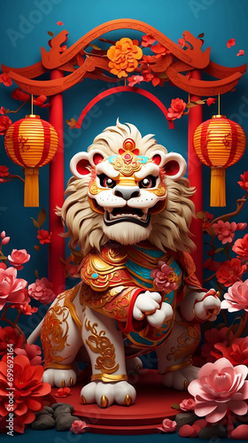 illustration of a Chinese lion dance with a Chinese angpao background for Chinese New Year celebrations. Generative ai