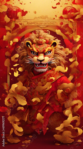 illustration of a Chinese lion dance with a Chinese angpao background for Chinese New Year celebrations. Generative ai