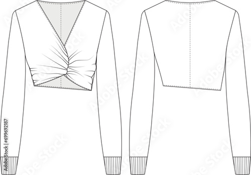 gathered draped v neck asymmetrical long sleeve ribbed crop blouse  template technical drawing flat sketch cad mockup fashion woman design style model