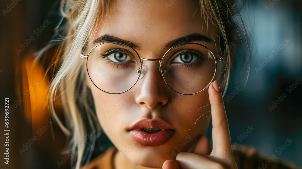Eine Businesswoman mit Brille und einem Zeigefinger im Gesicht Eine Businesswoman mit Brille und einem Zeigefinger im Gesicht