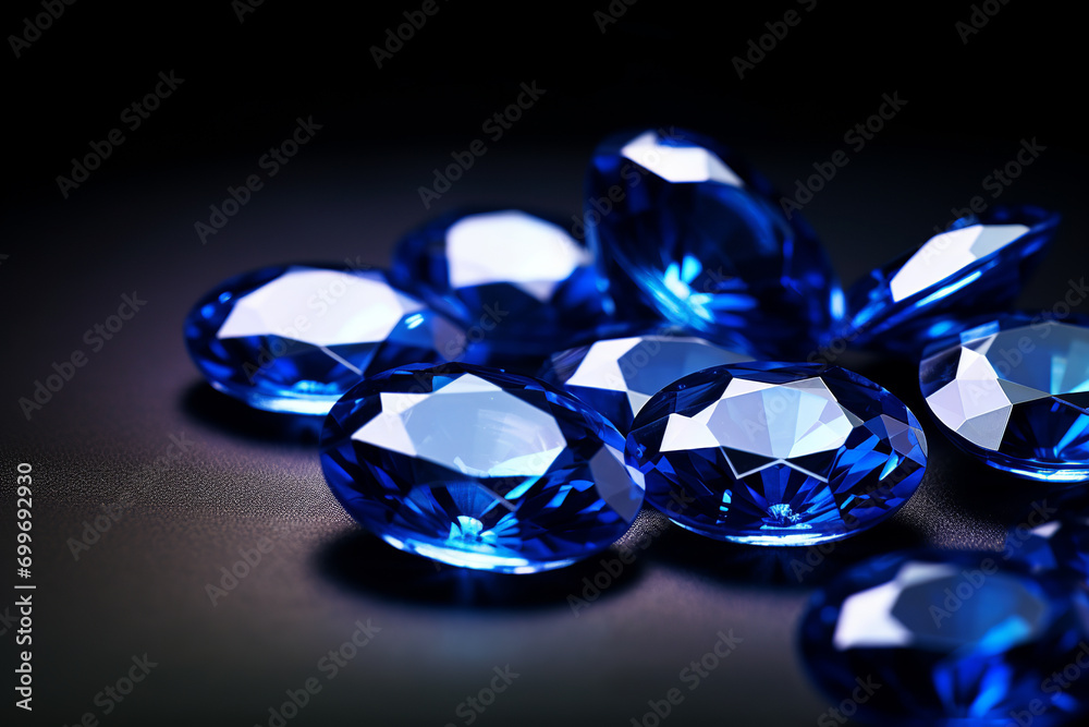 Precious blue sapphire crystals on black background
