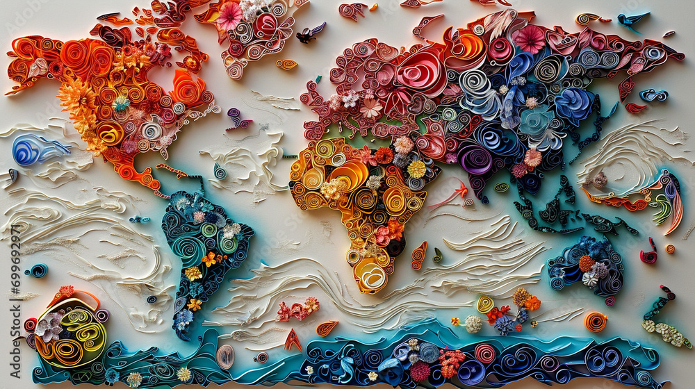 A quilling artwork focusing on a detailed world map, with each