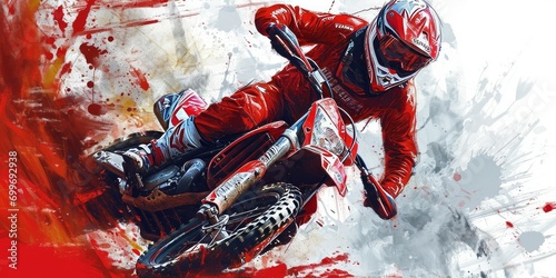 a dynamic motocross illustration. A rider in action is captured amidst vibrant red splashes, embodying intense energy and movement. Ideal for sports and adrenaline-themed designs