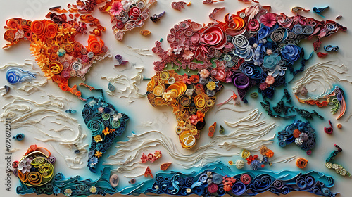 A quilling artwork focusing on a detailed world map, with each continent and country highlighted through different colors and quilling techniques.