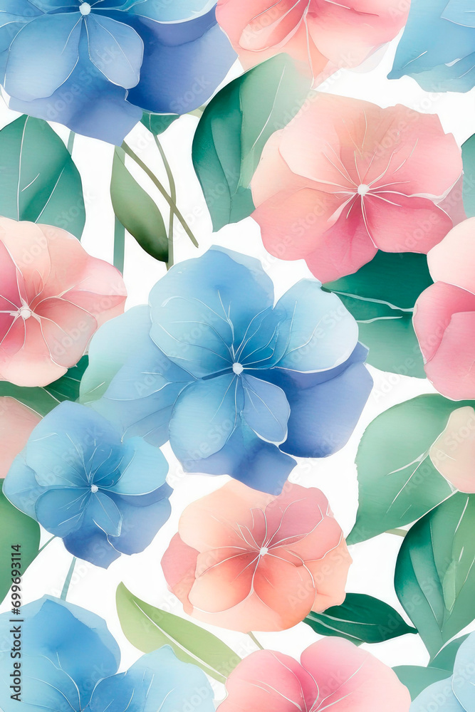 Watercolour floral seamless background with hydrangea flowers, leaf and branches. Watercolour floral seamless background with hydrangea flowers, leaf and branches.
