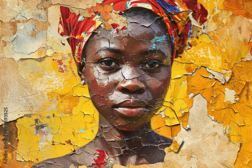 A portrait of an African hungry woman with a sad tired expression made from torn paper wall. Hunger and food security of the planet, help to third developed countries concept