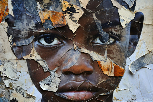 Close up portrait of African hungry boy with a sad tired expression made from torn paper wall. Hunger and food security of the planet, help to third developed countries concept