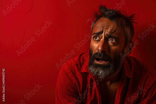 Arabic Pakhistan male look into camera man wearing red shirt on studio isolated red background. Black nervous, disapproving expression on face. Social issues hunger and suffer concept